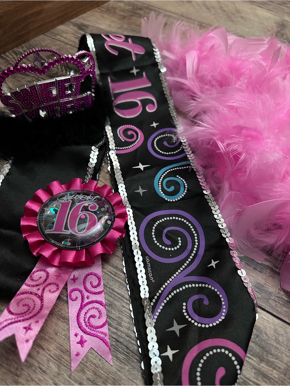 Sweet 16 Celebration Sash , Tiera, Pin and Feather Boa Set - Pink